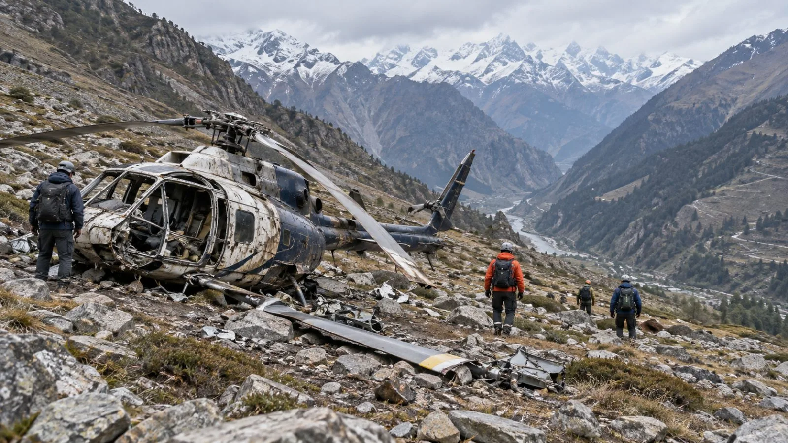 Rescue teams search near helicopter wreckage in Joshimath valley, Uttarakhand, India (AI-generated image / EconoTimes)