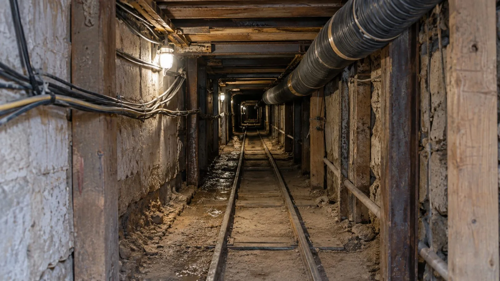 Rail tracks run through a reinforced tunnel discovered beneath a retail store in Otay Mesa. (AI-generated image / EconoTimes)