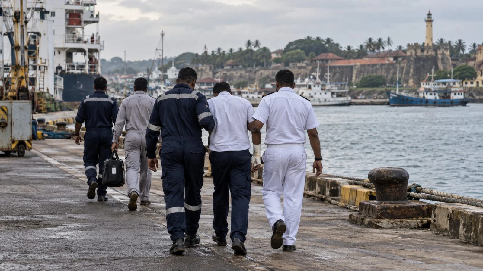 Sailors walk along a quay at Galle harbor, Sri Lanka (AI-generated image / EconoTimes)
