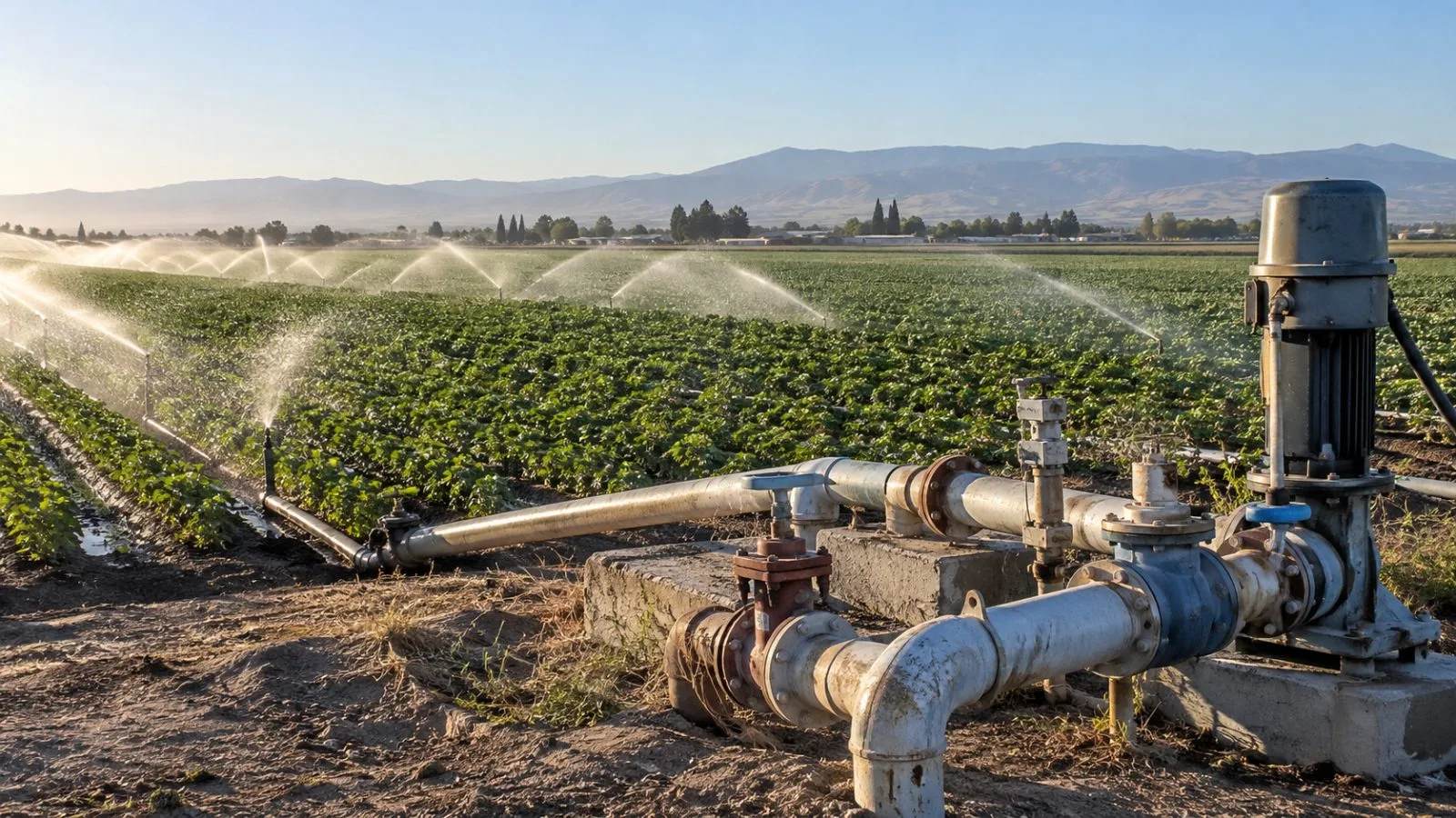 Sprinklers water farmland outside Fresno in California’s Central Valley. (AI-generated image / EconoTimes)