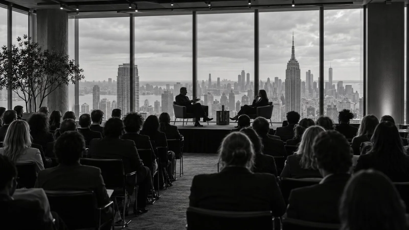 Attendees watch a stage discussion at a financial conference in New York City. (AI-generated image / EconoTimes)