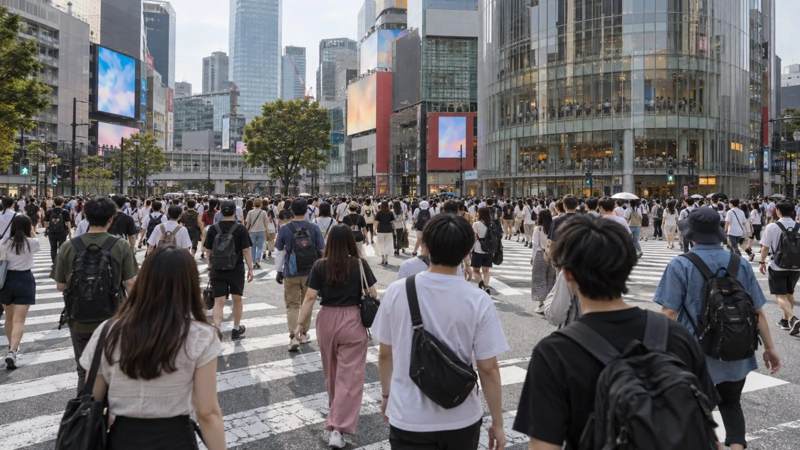Pedestrians in short sleeves cross a sunlit intersection in Tokyo, Japan. (AI-generated image / EconoTimes)