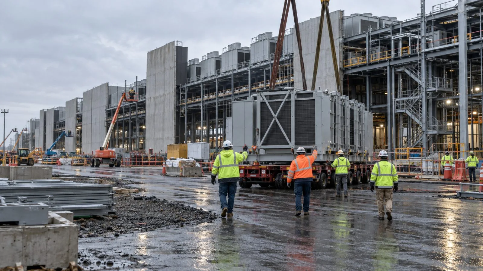 Workers guide equipment outside a data center under construction in Ashburn, Virginia (AI-generated image / EconoTimes)