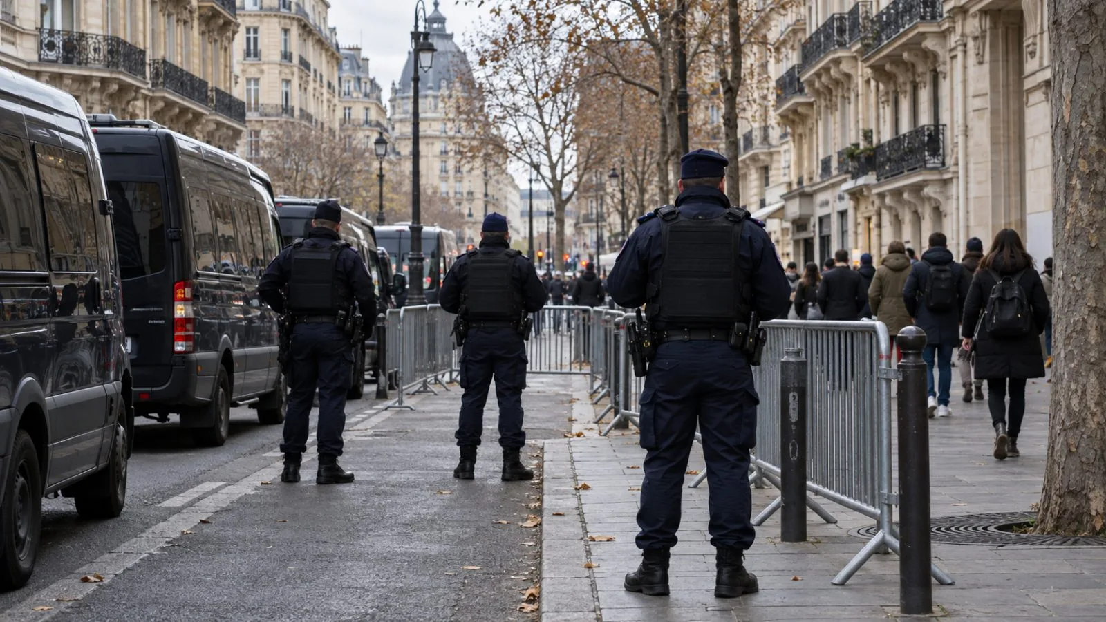 Police stand beside crowd barriers as pedestrians pass along a central Paris street (AI-generated image / EconoTimes)