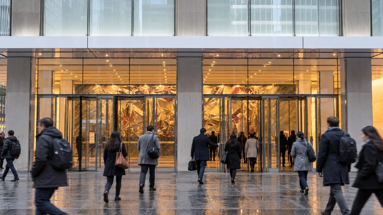 Pedestrians enter an office building on Avenue of the Americas in New York. / EconoTimes.ai