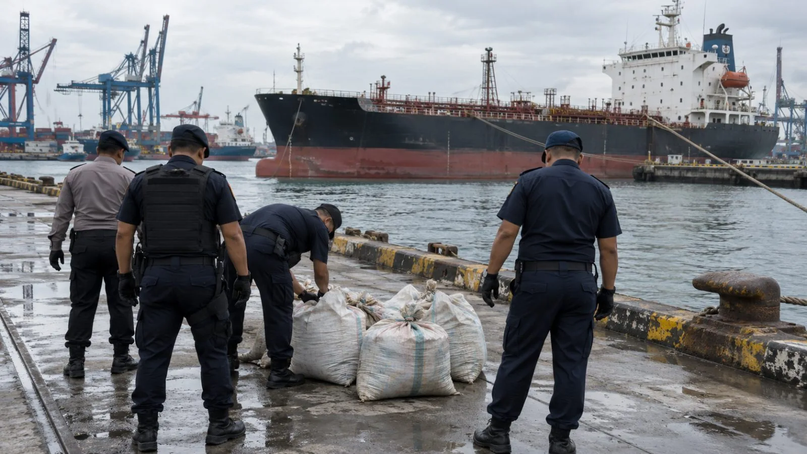Officers inspect sacks beside a tanker at Belawan Port in North Sumatra. (AI-generated image / EconoTimes)
