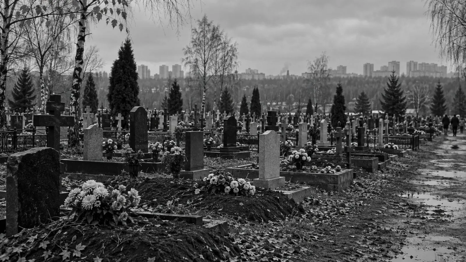 Plain graves and bouquets line a cemetery in Moscow, Russia. (AI-generated image / EconoTimes)