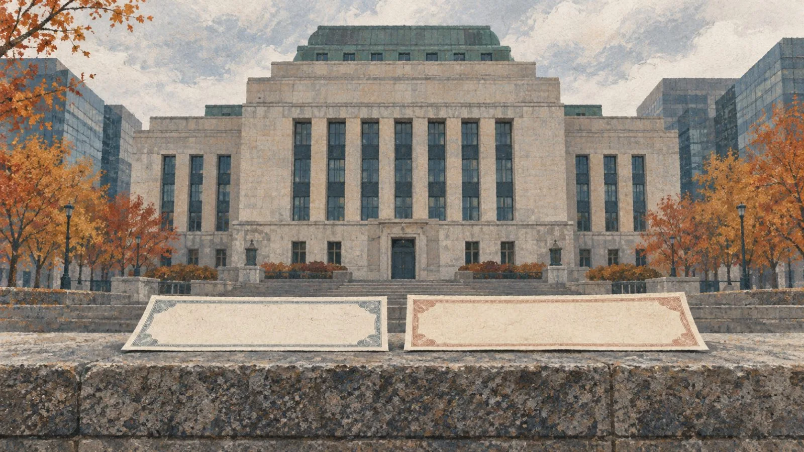 Commuters pass the Bank of Canada in Ottawa beneath an overcast autumn sky. (AI-generated image / EconoTimes)