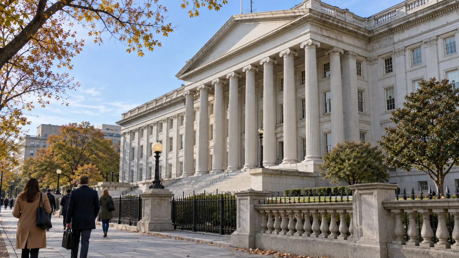 Pedestrians pass the U.S. Treasury building in Washington on a clear morning. (AI-generated image / EconoTimes)