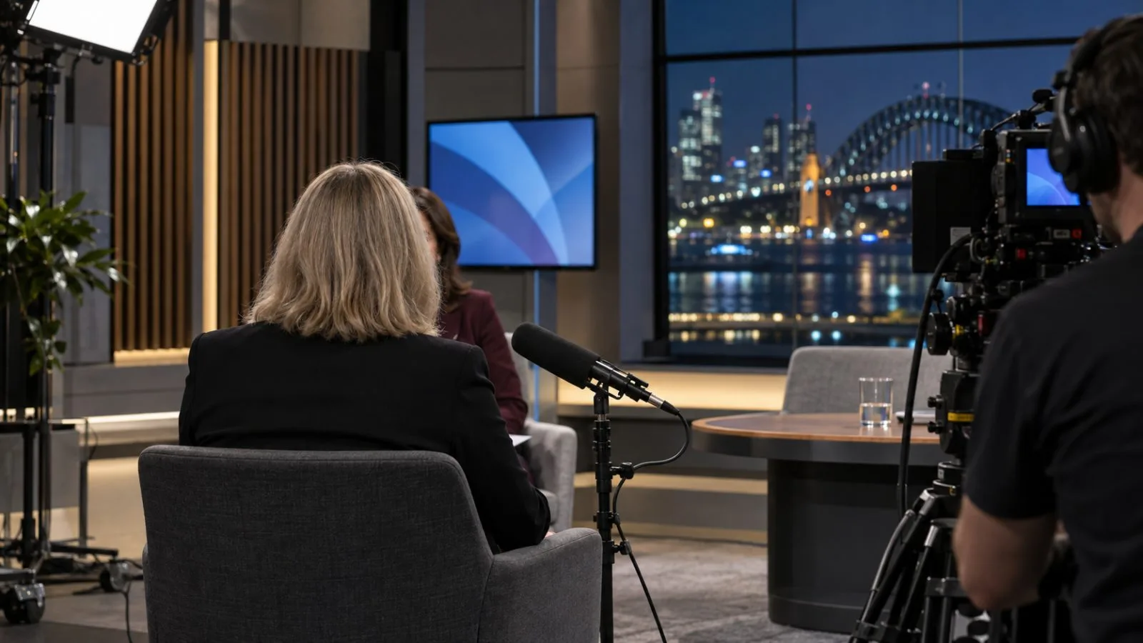 An interview guest sits beneath studio lights during an ABC current affairs broadcast in Sydney. (AI-generated image / EconoTimes)