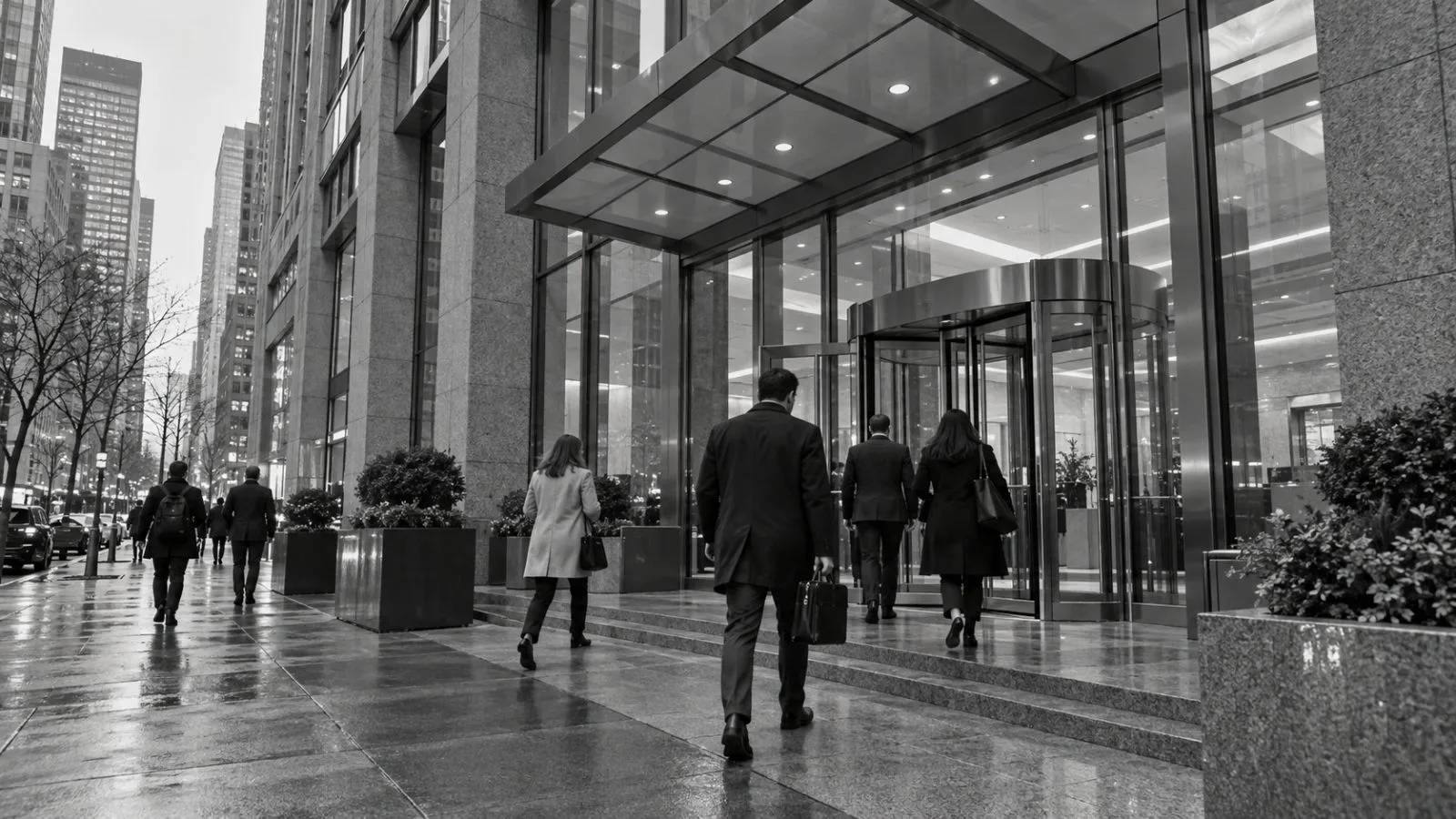 Accountants enter an office tower at 733 Third Avenue in Manhattan, New York. (AI-generated image / EconoTimes)