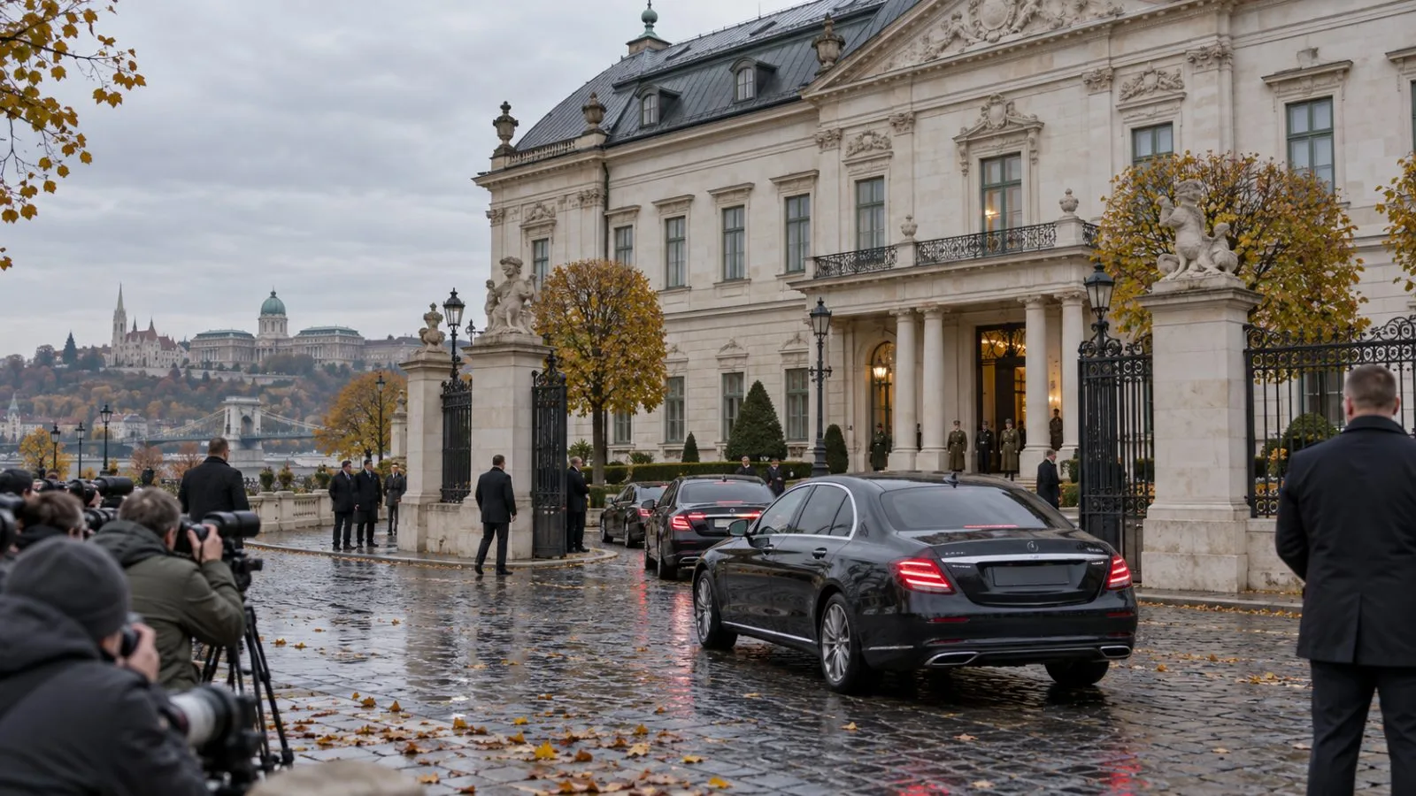 Photographers and security staff wait outside Sándor Palace in Budapest. (AI-generated image / EconoTimes)