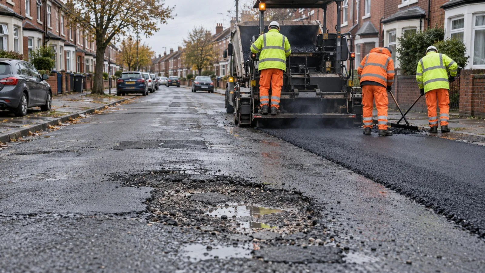 A council road crew repairs a worn local carriageway in Birmingham, England. (AI-generated image / EconoTimes)