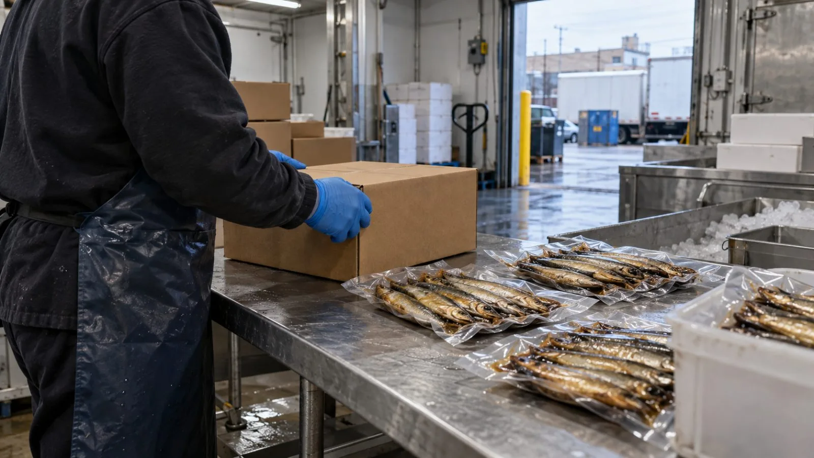 Gloved hands handle refrigerated seafood boxes in a packing room in Jamaica, Queens. (AI-generated image / EconoTimes)