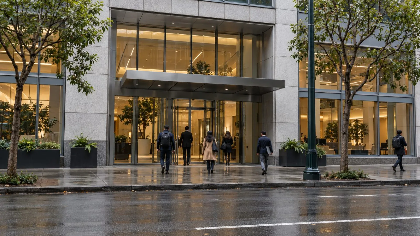 Pedestrians pass an office entrance on Davis Street in San Francisco, California. (AI-generated image / EconoTimes)