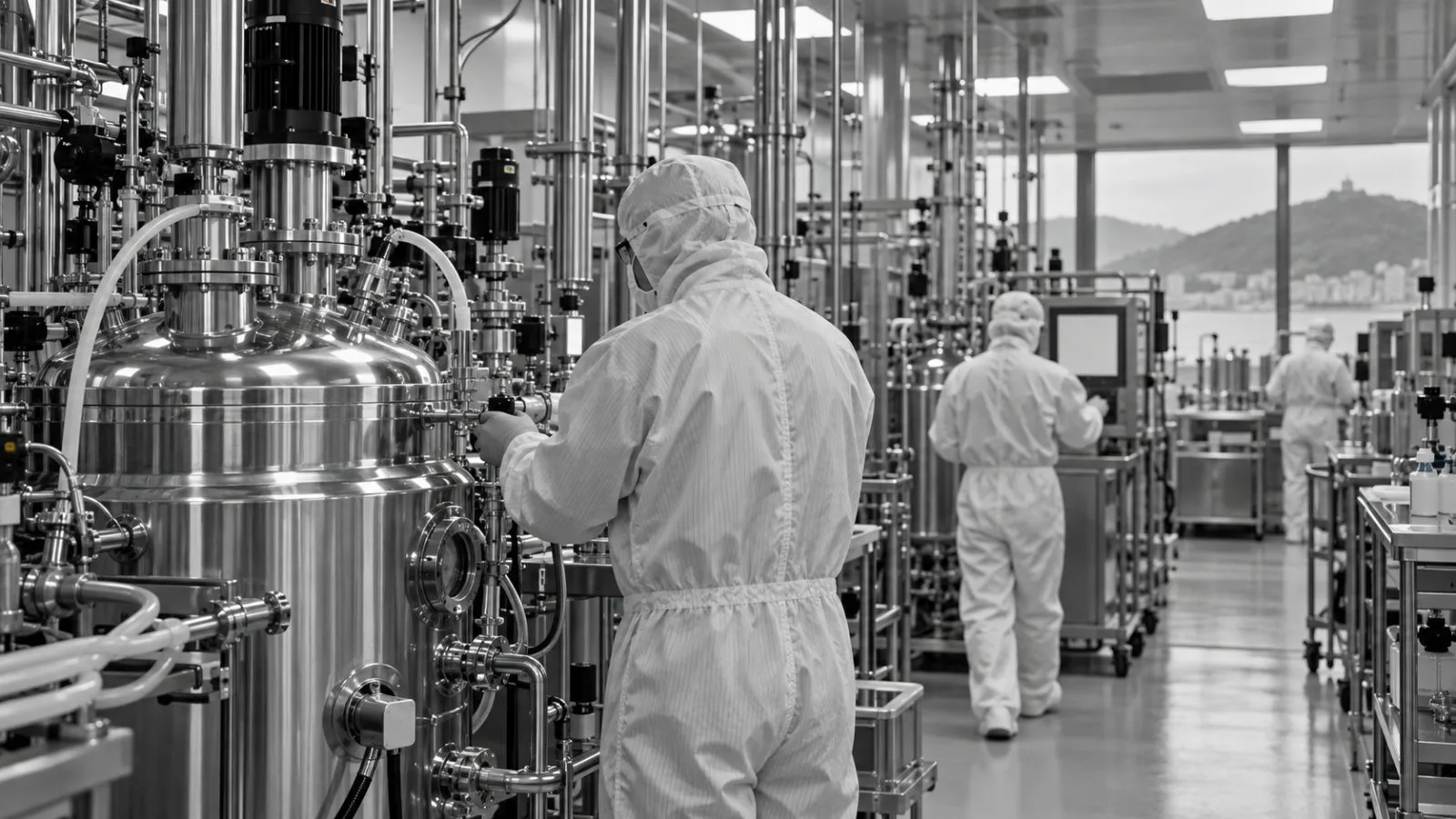 Cleanroom workers tend production equipment at a gene therapy facility in San Sebastián, Spain. (AI-generated image / EconoTimes)