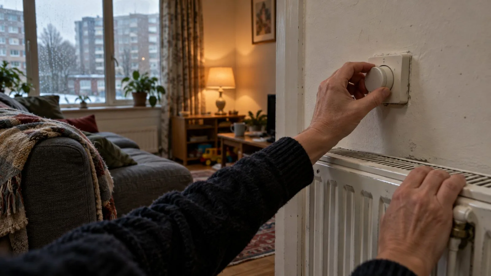 A resident adjusts a thermostat beside a radiator inside a London council flat (AI-generated image / EconoTimes)