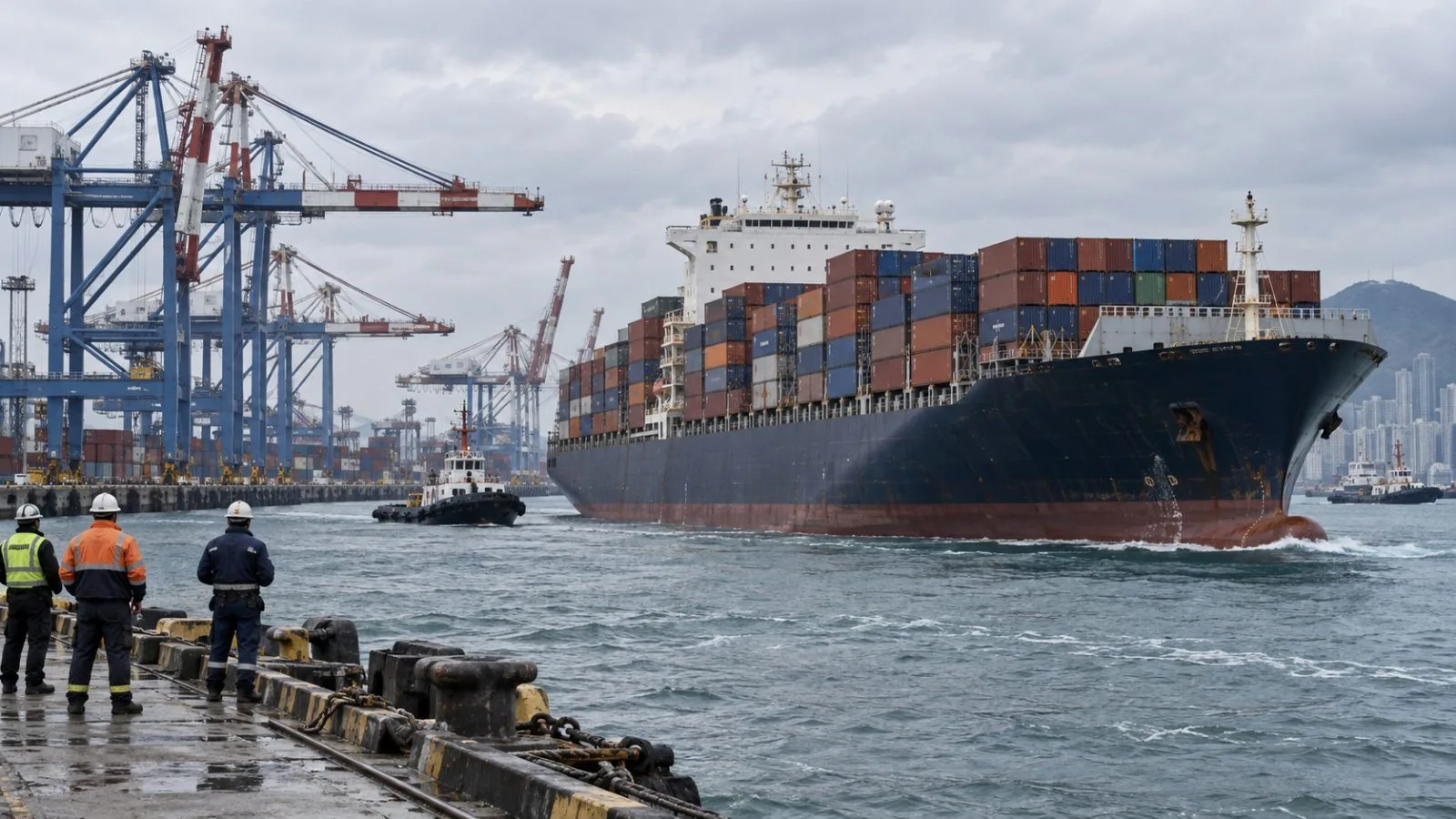 A container ship sits beside gantry cranes at Busan Port, South Korea. (AI-generated image / EconoTimes)