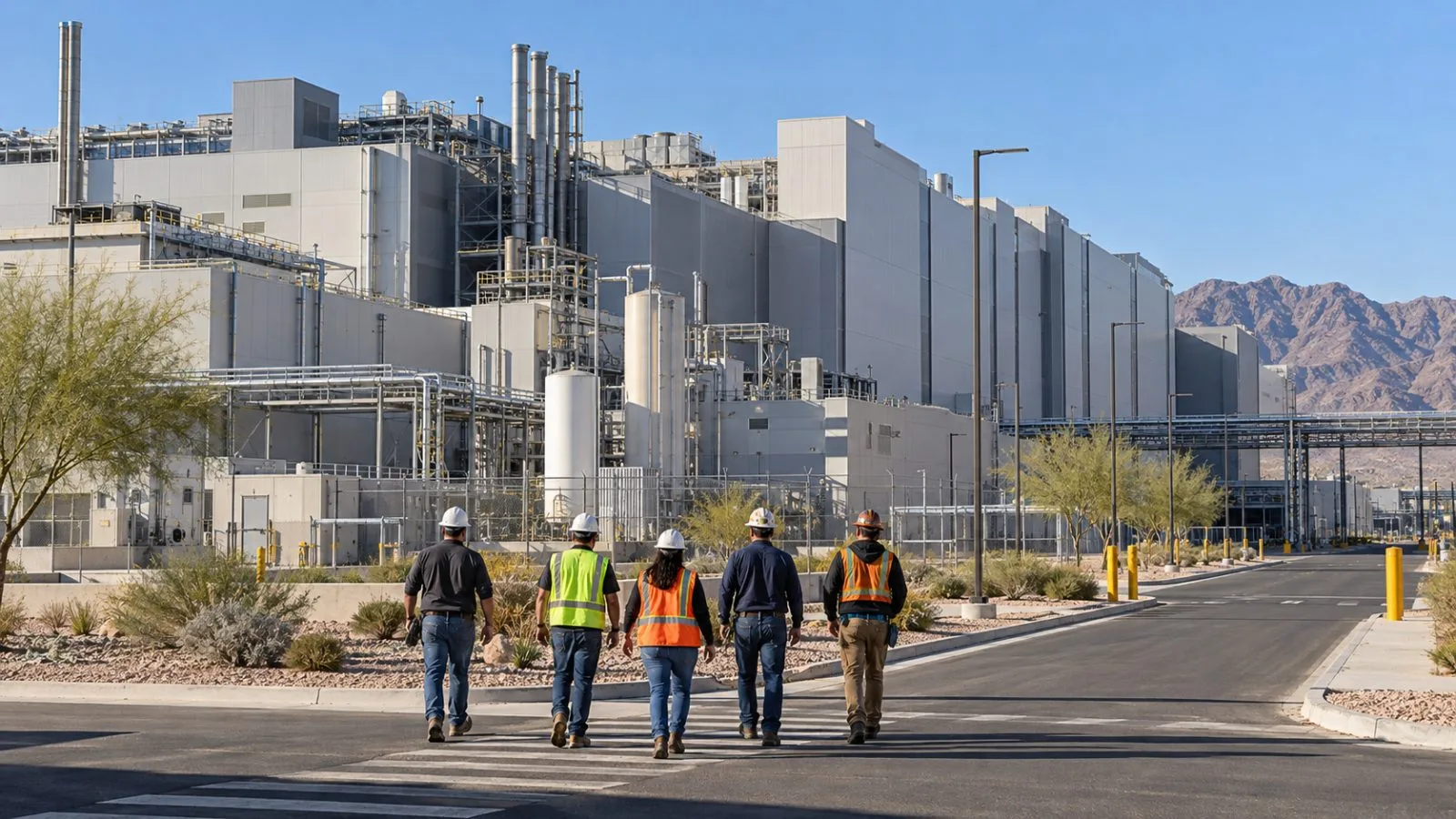 Workers cross in front of a semiconductor fabrication building at TSMC’s Arizona site in Phoenix. (AI-generated image / EconoTimes)