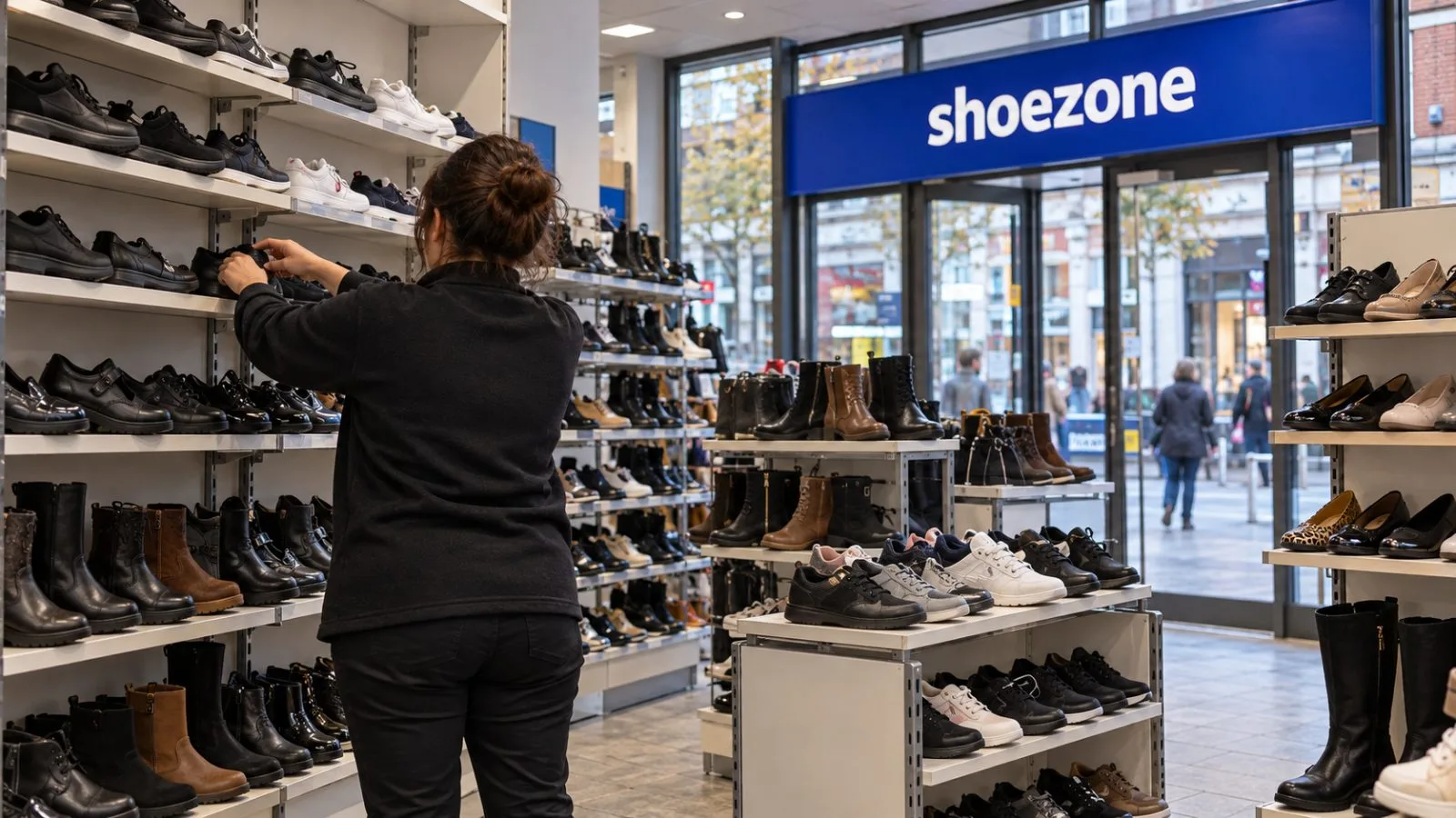 Shoes line shelves inside a footwear shop on a Leicester, England, shopping street. / EconoTimes.ai
