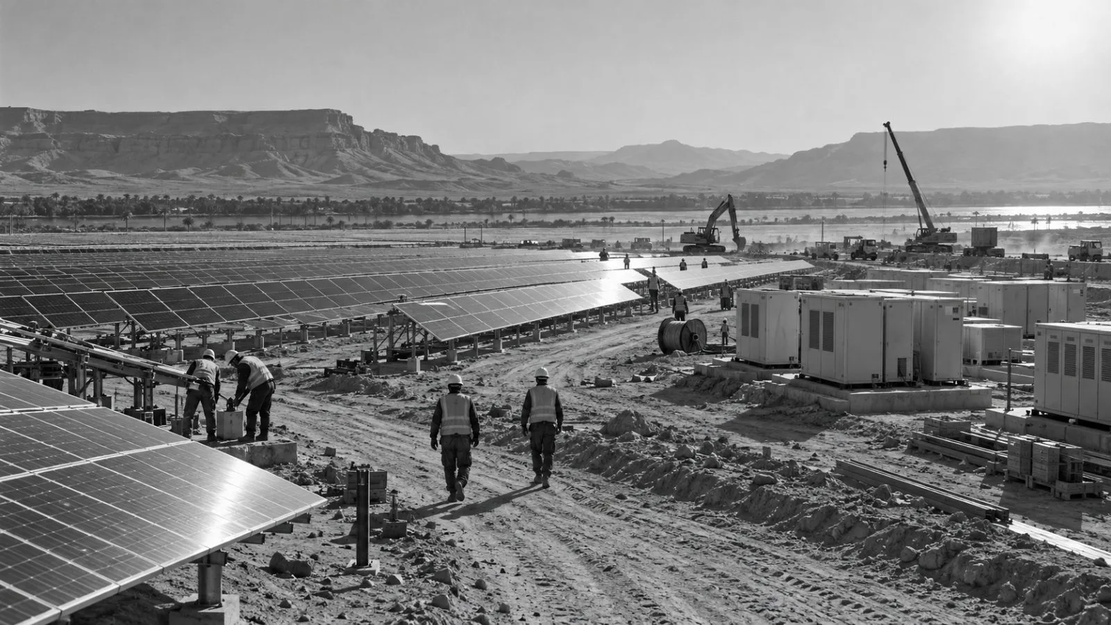 Workers install solar panels at the Dandara project site in Qena Governorate, Egypt. (AI-generated image / EconoTimes)