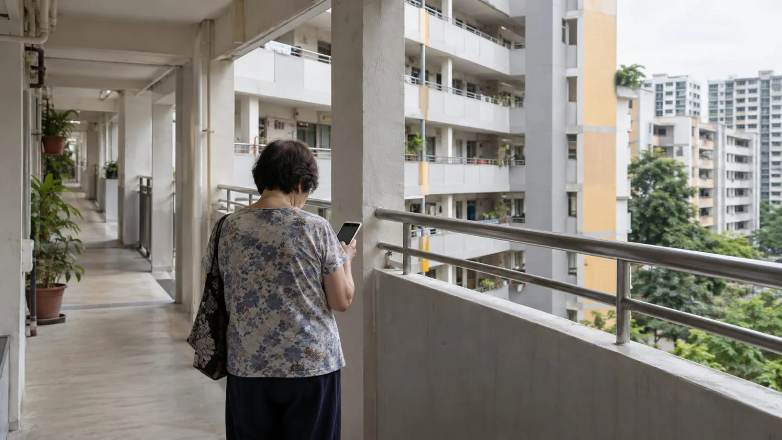A resident checks a phone along a public housing corridor in Singapore (AI-generated image / EconoTimes)