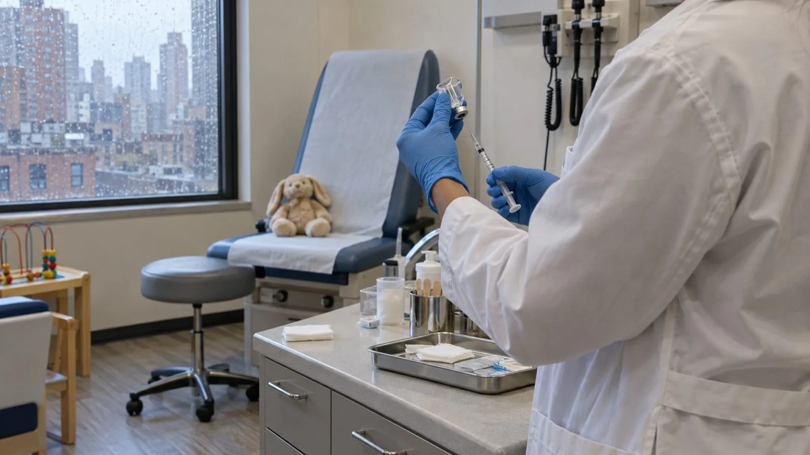 A gloved clinician prepares a pediatric vaccine dose in a New York City research clinic. (AI-generated image / EconoTimes)