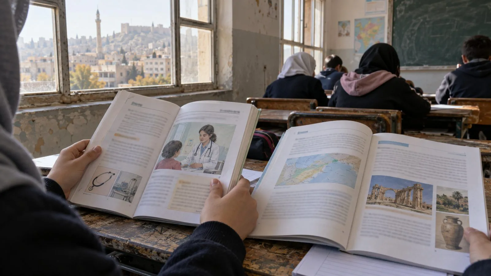 A student examines an illustrated social studies textbook at a desk in a Damascus classroom. (AI-generated image / EconoTimes)