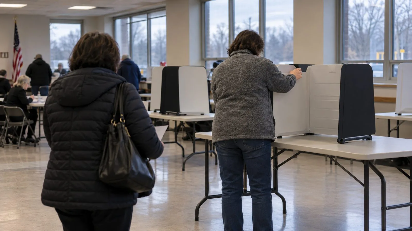 An election worker prepares a privacy booth at a community polling place in Edison, New Jersey. (AI-generated image / EconoTimes)