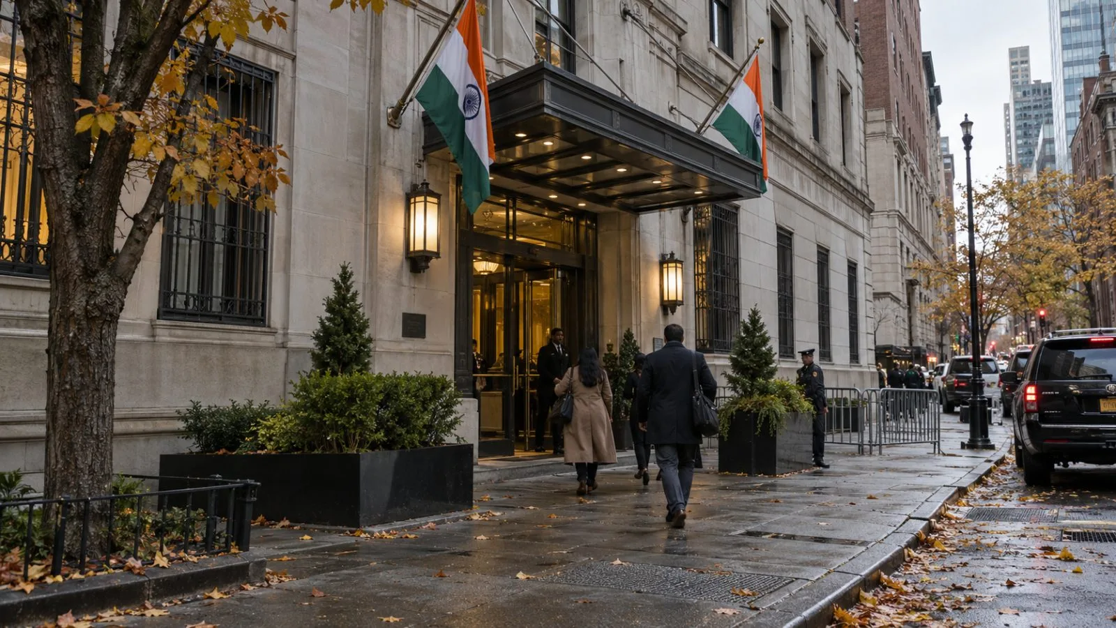 Visitors approach the Consulate General of India in New York City on an overcast afternoon. (AI-generated image / EconoTimes)