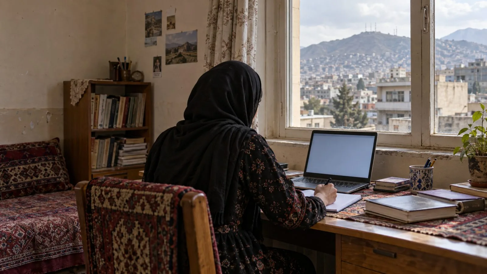 A woman studies online at a laptop in a modest home in Kabul, Afghanistan. (AI-generated image / EconoTimes)
