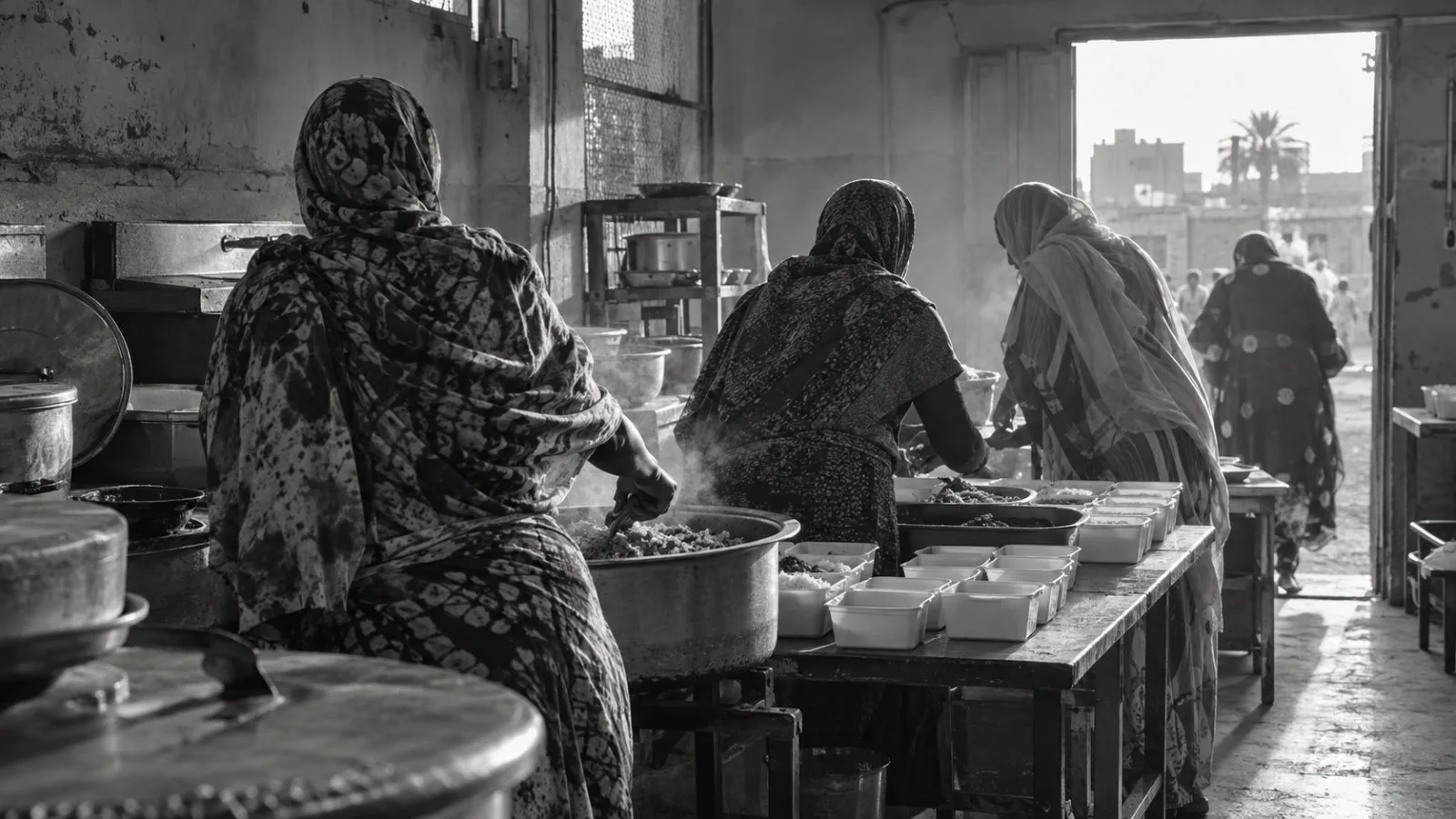 Women portion meals inside a neighborhood kitchen in Khartoum, Sudan (AI-generated image / EconoTimes)