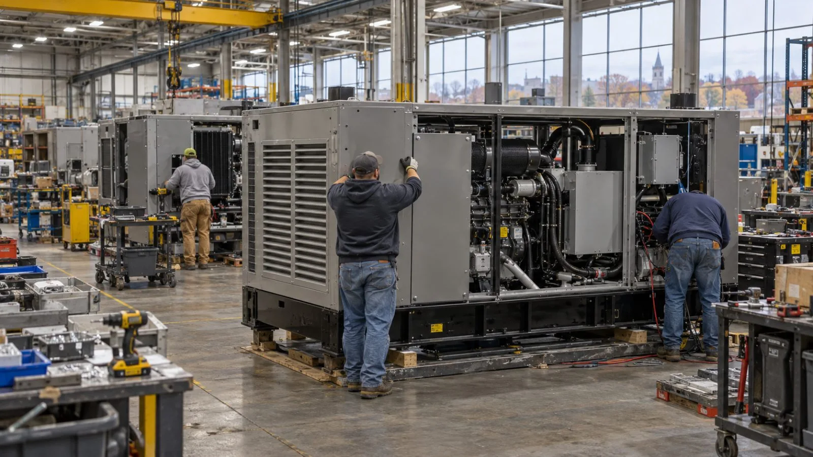 A liquid-cooled standby generator takes shape on a factory line in Waukesha, Wisconsin. (AI-generated image / EconoTimes)