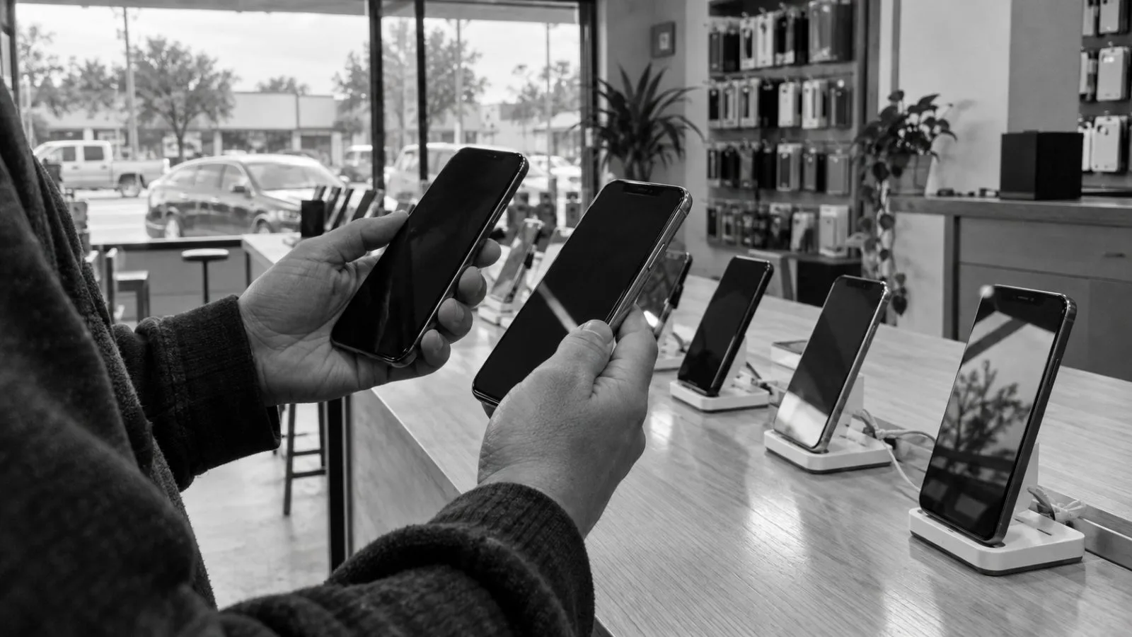 A customer compares smartphones at a mobile-phone shop in Austin, Texas (AI-generated image / EconoTimes)