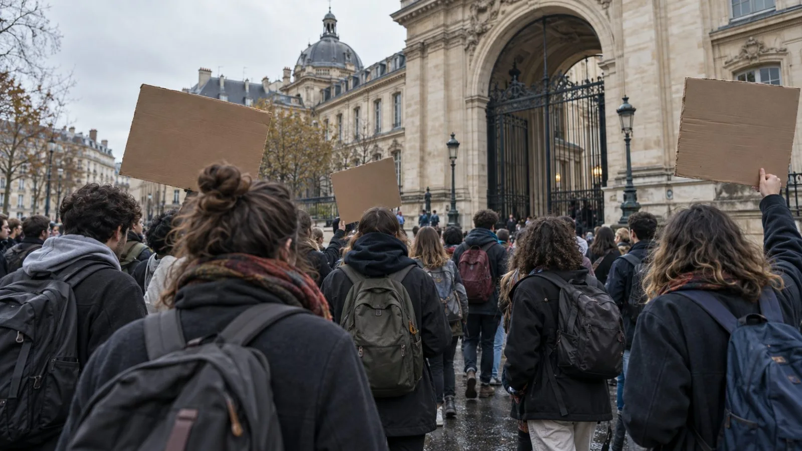 Young demonstrators gather outside a university entrance in Paris, France, during a student protest. (AI-generated image / EconoTimes)