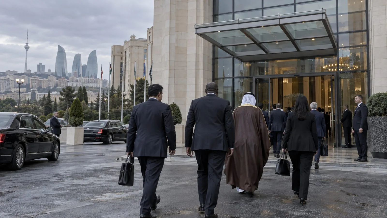Delegates arrive at the CICA summit venue in Baku, Azerbaijan, on October 15. (AI-generated image / EconoTimes)