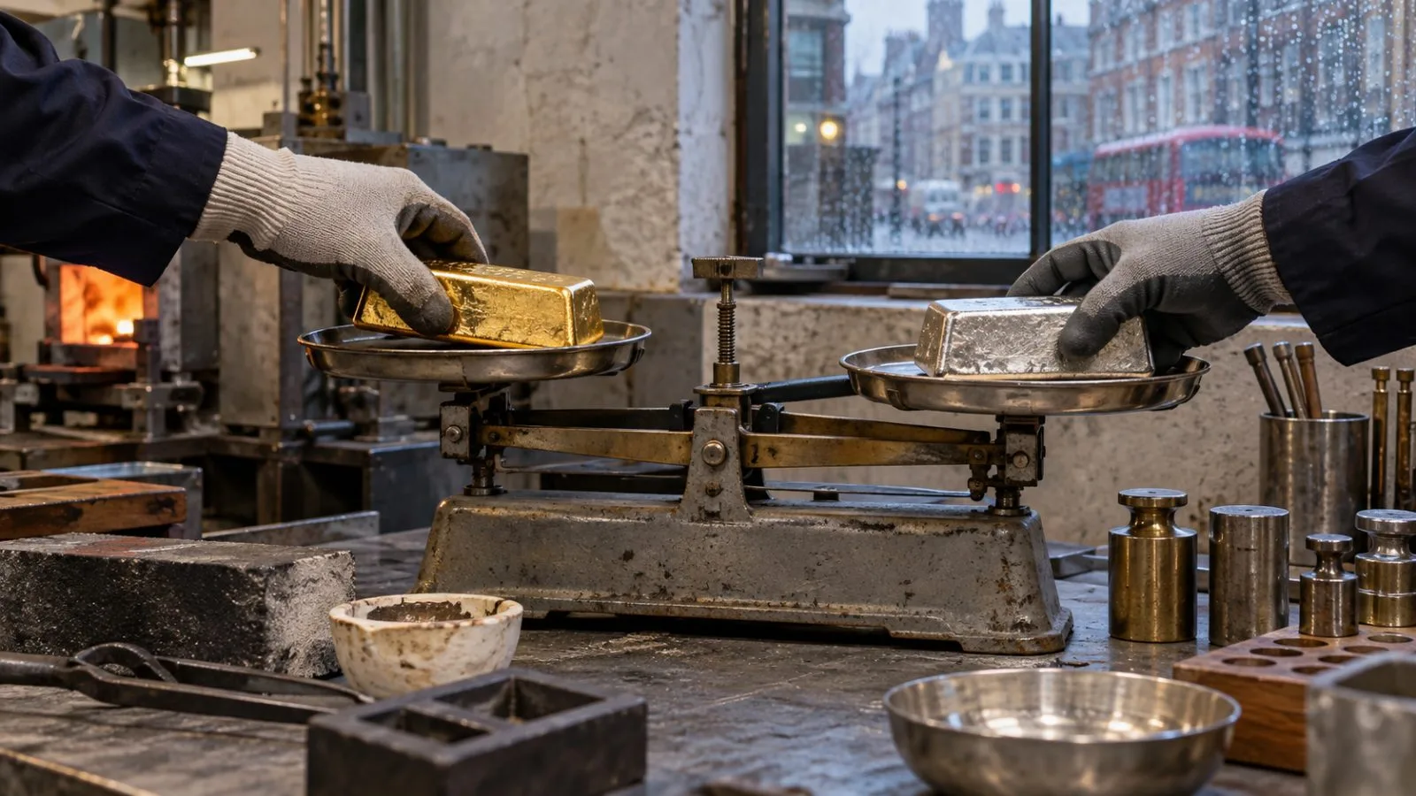 A bullion worker weighs gold and silver bars in an assay workshop in London. (AI-generated image / EconoTimes)