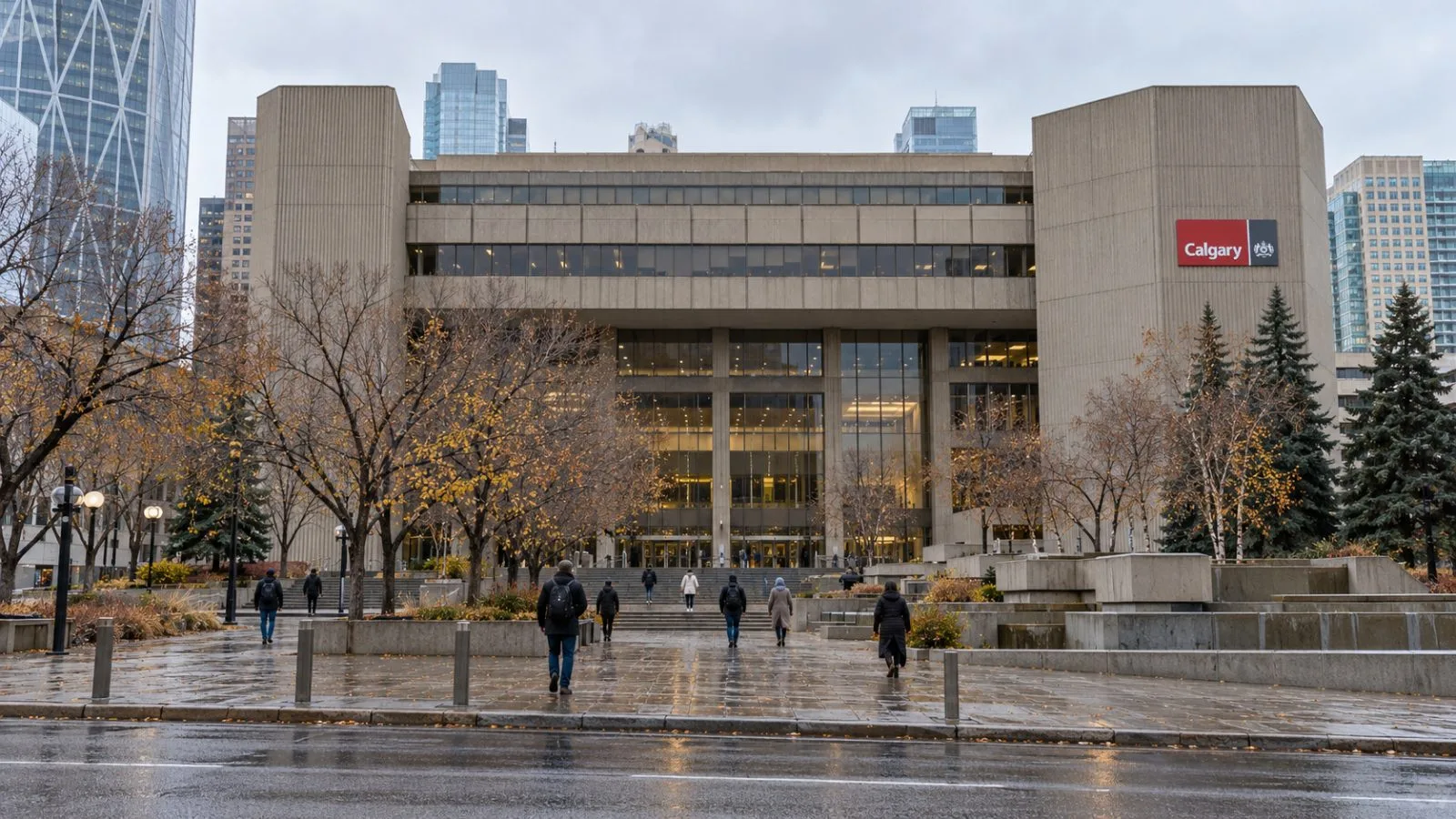 Pedestrians pass Calgary City Hall beneath a cloudy autumn sky in downtown Calgary. / EconoTimes.ai