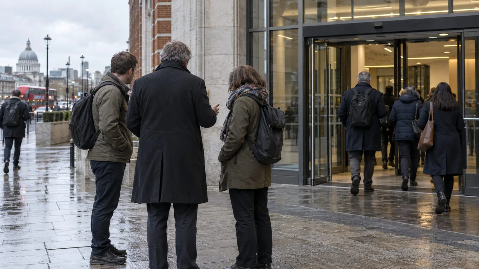 Workers enter a London workplace as a union representative speaks with staff outside. (AI-generated image / EconoTimes)