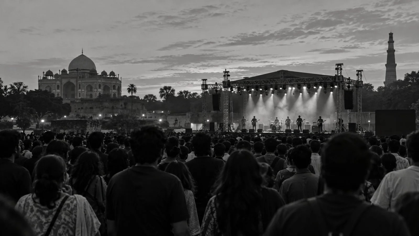 Concertgoers face an outdoor stage during a live music event in New Delhi. (AI-generated image / EconoTimes)
