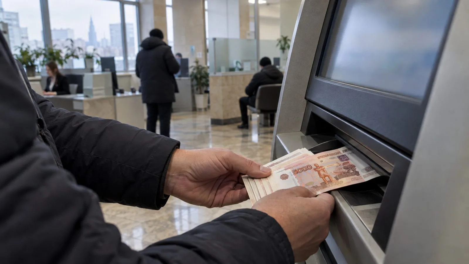 A customer deposits cash at a bank terminal in Moscow, Russia. (AI-generated image / EconoTimes)