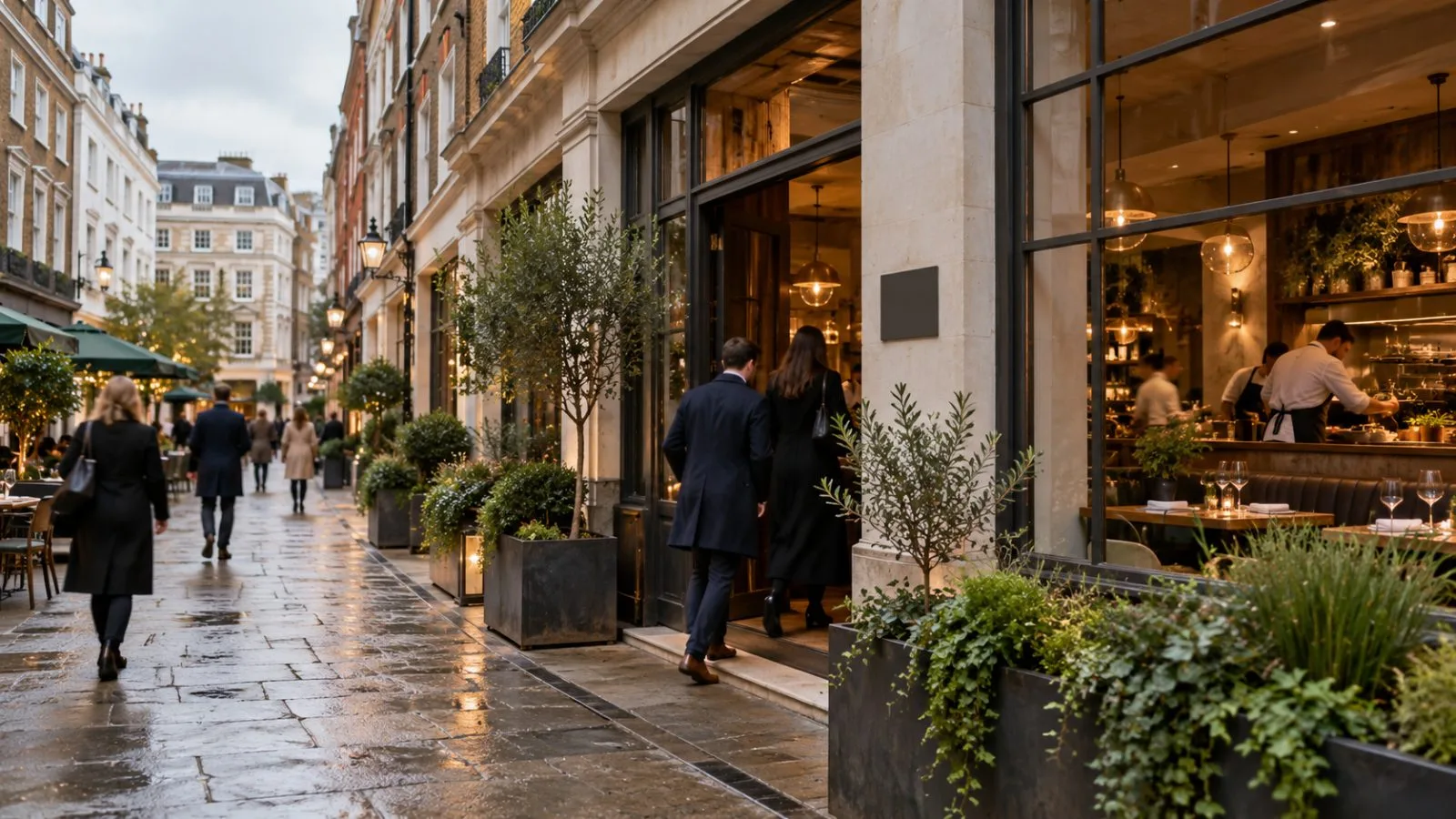 Diners enter Fallow in St James's Market, London, as staff prepare the restaurant for service. / EconoTimes.ai