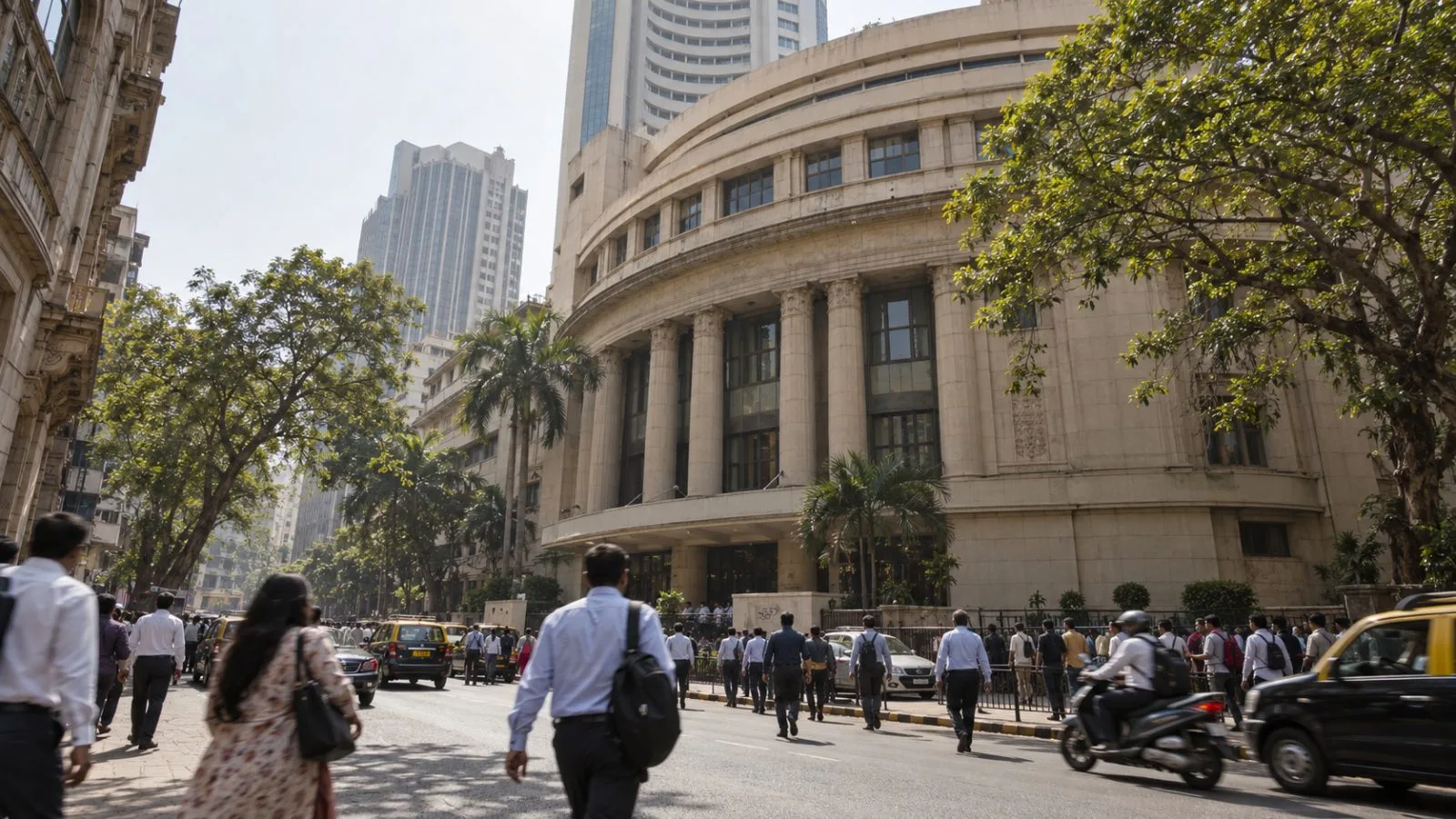 Pedestrians pass the Bombay Stock Exchange building on Dalal Street in Mumbai, India. (AI-generated image / EconoTimes)
