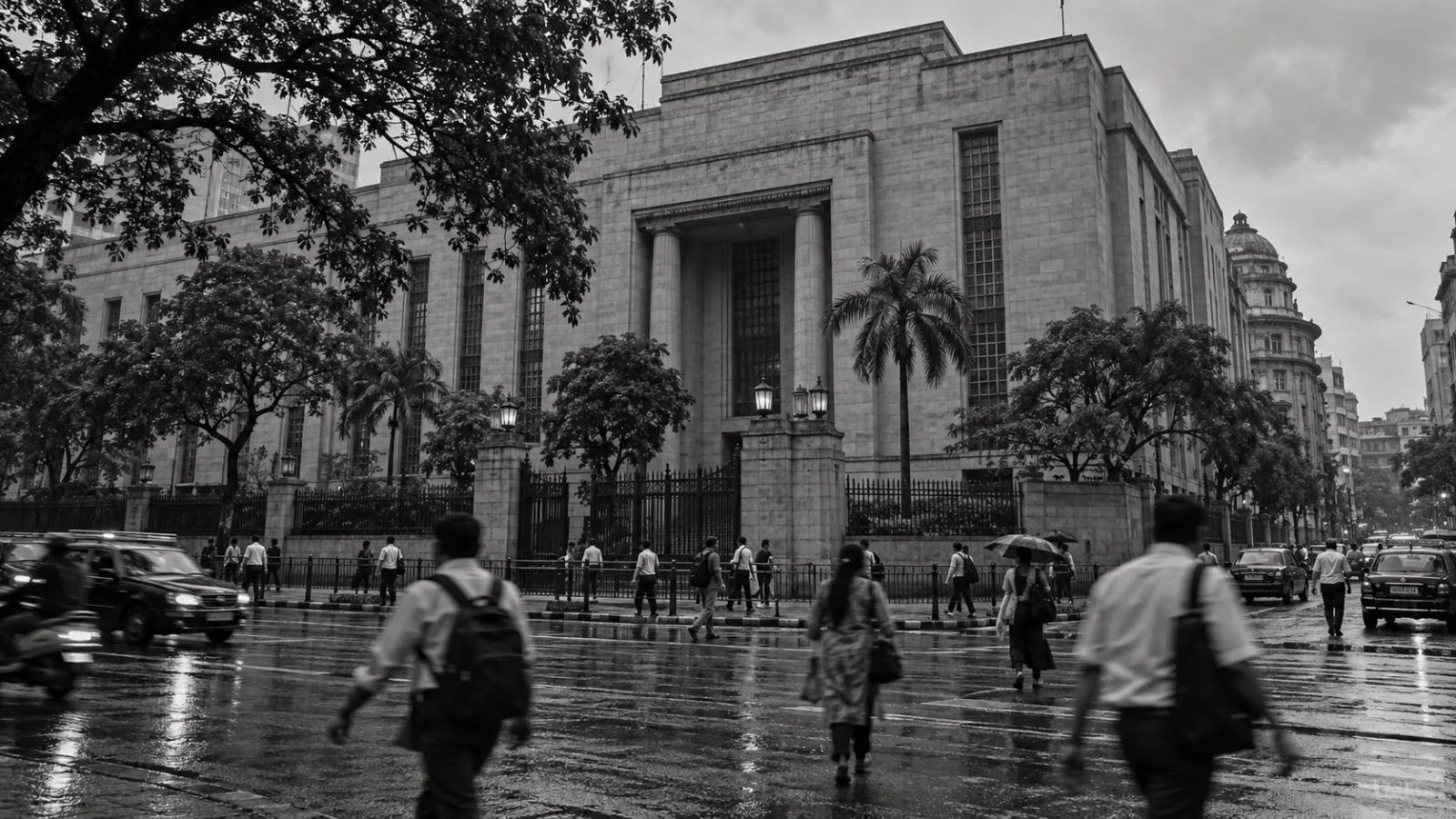 Commuters cross Mint Road outside the Reserve Bank of India headquarters in Mumbai. (AI-generated image / EconoTimes)