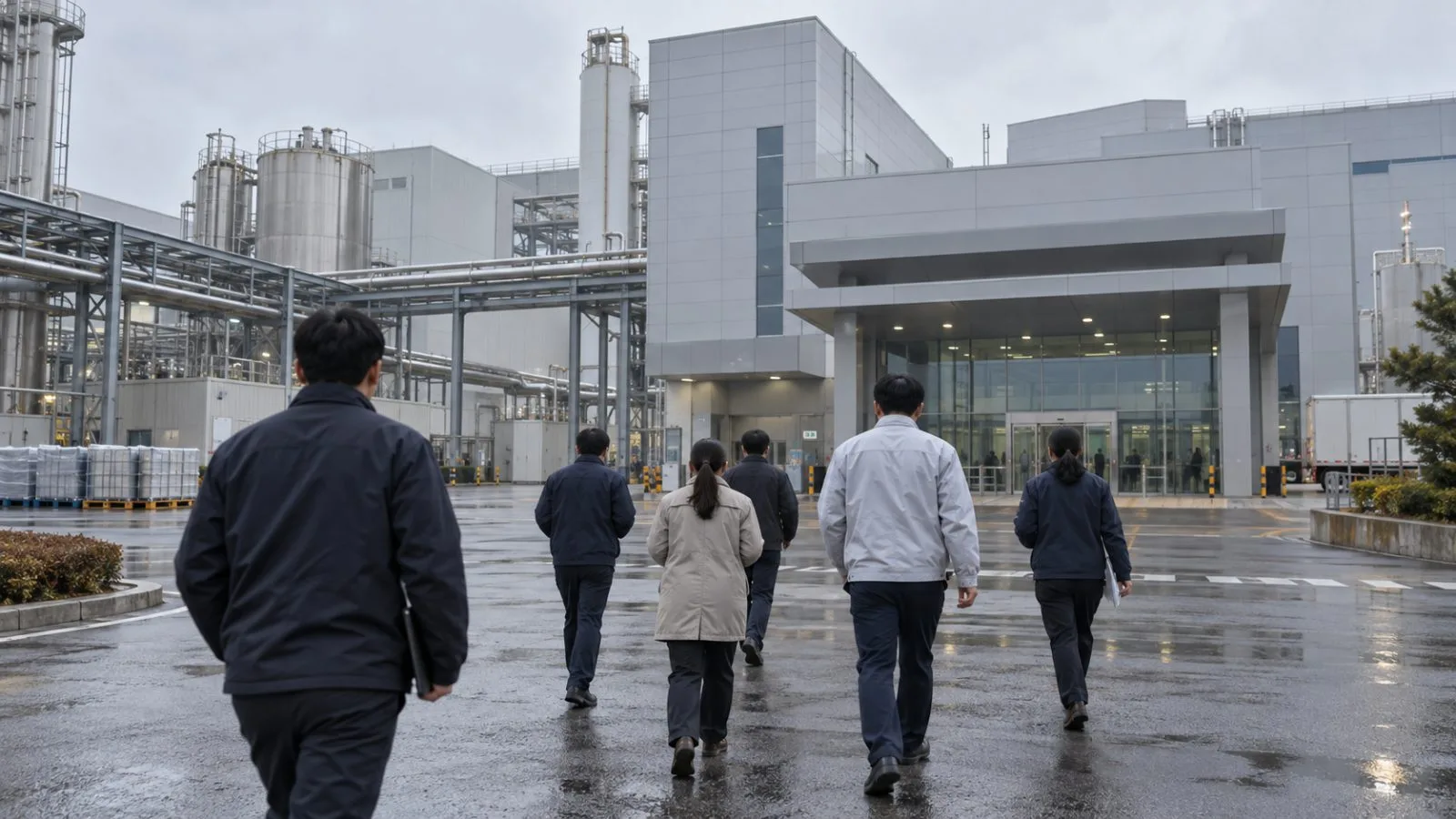 Workers walk toward a pharmaceutical plant in Pyeongtaek, South Korea. (AI-generated image / EconoTimes)