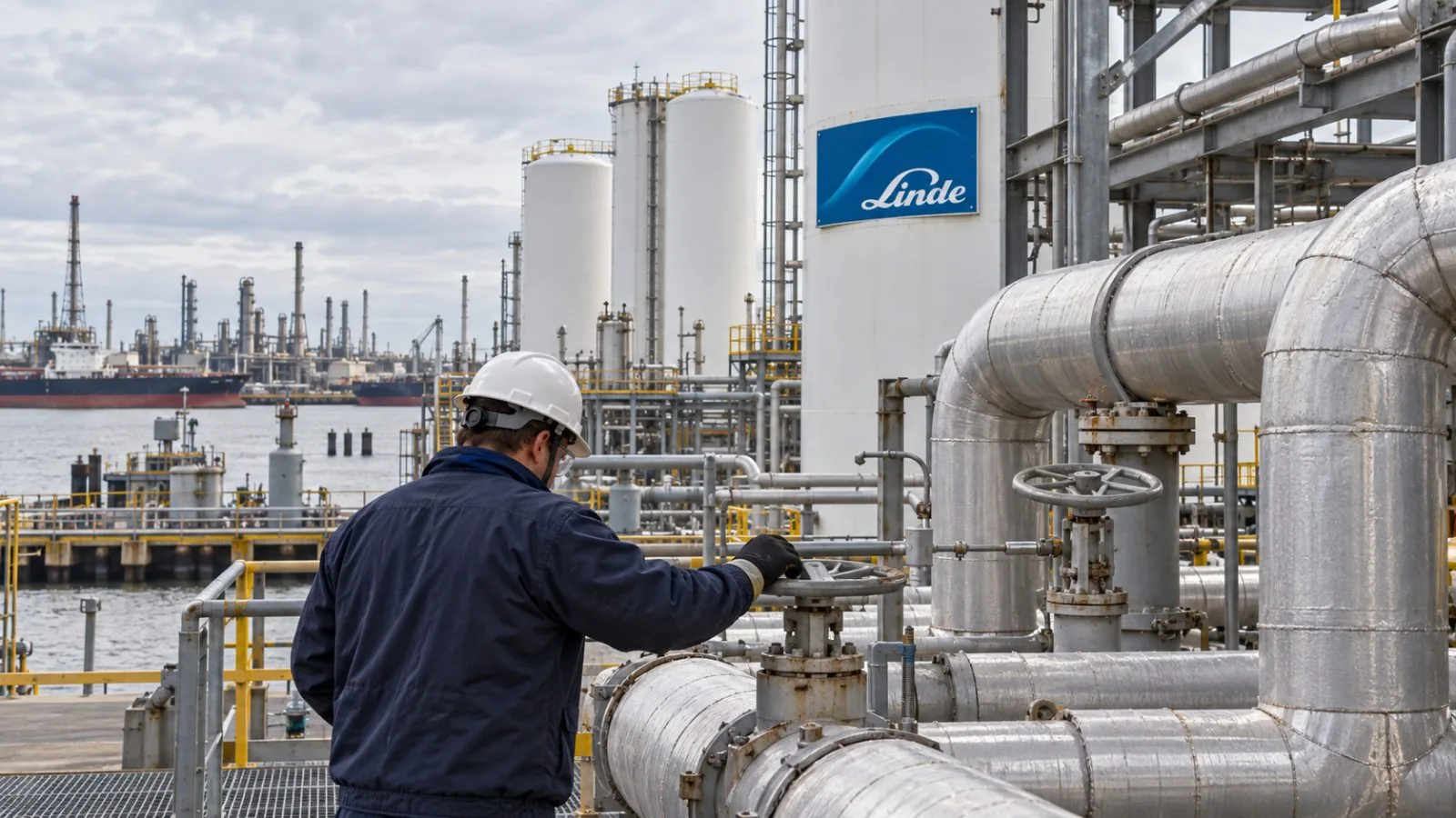 A worker inspects insulated pipes at an industrial gas facility near Pasadena, Texas. / EconoTimes.ai