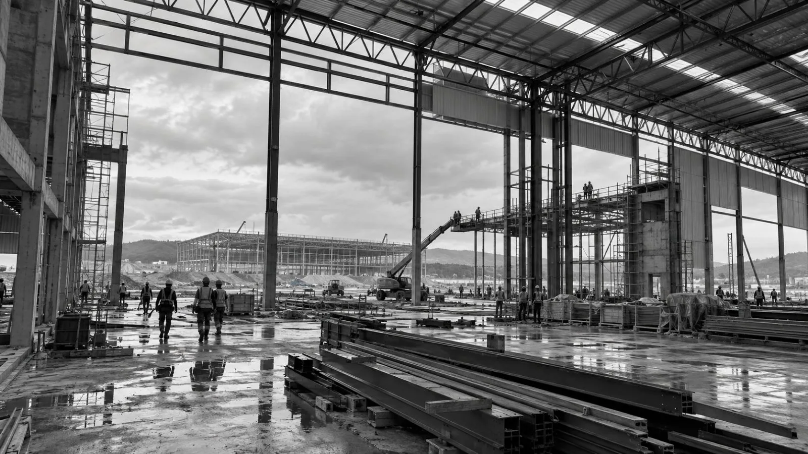 Workers move through an unfinished industrial plant in Senai, Johor, Malaysia. (AI-generated image / EconoTimes)