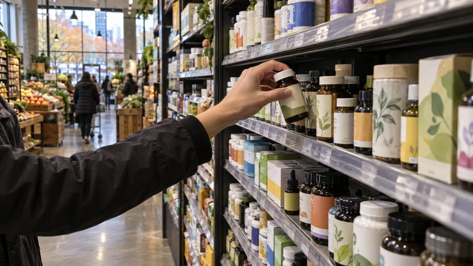 A hand removes a supplement bottle from a Whole Foods Market shelf in Washington, D.C. (AI-generated image / EconoTimes)