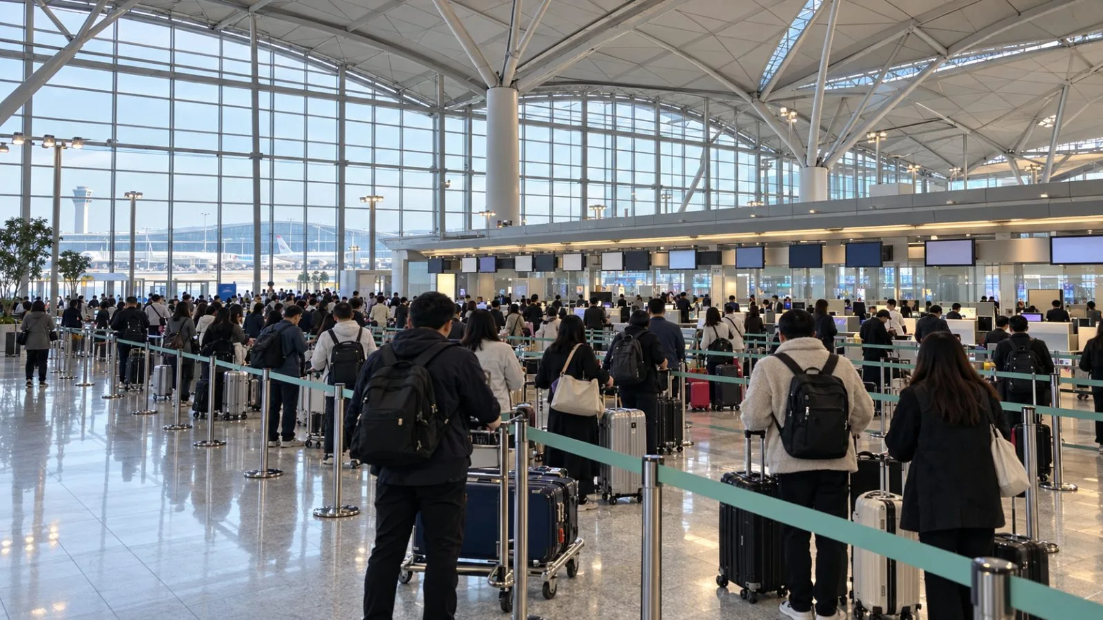 Passengers queue at check-in counters in Terminal 1 at Incheon International Airport, South Korea. / EconoTimes.ai