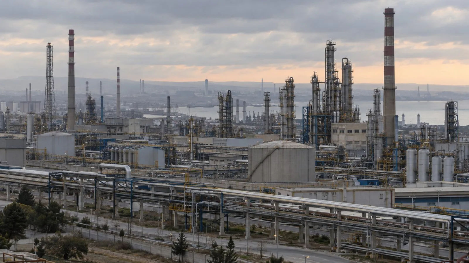Industrial pipes and factory buildings fill the frame at Sumgayit Chemical Industrial Park, Azerbaijan. (AI-generated image / EconoTimes)